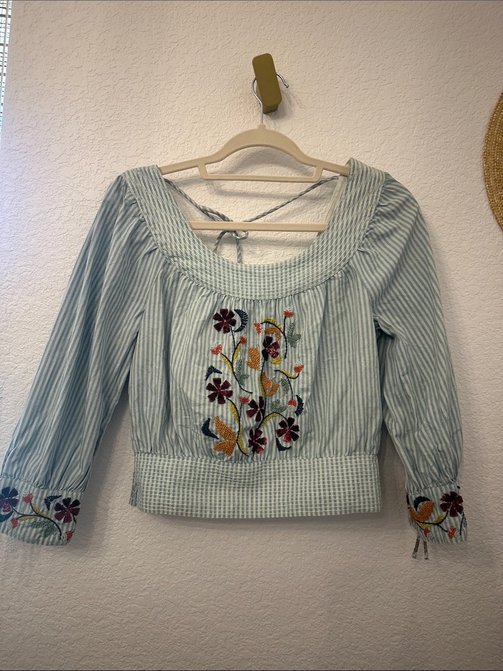 Anthropologie Light Blue Striped Embroidered Peasant Blouse